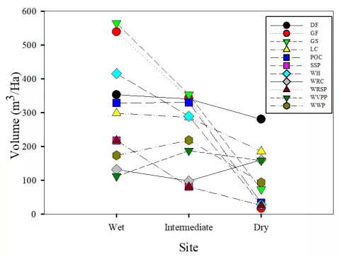 Conifer volume across a gradient in water deficit